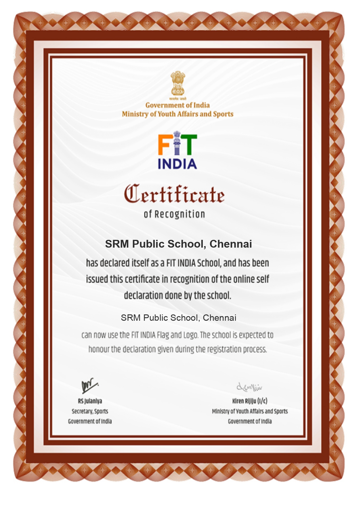 FIT INDIA CERTIFICATE SRM Public School