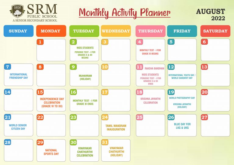 Monthly Activity Planneraugust 2022 Srm Public School 