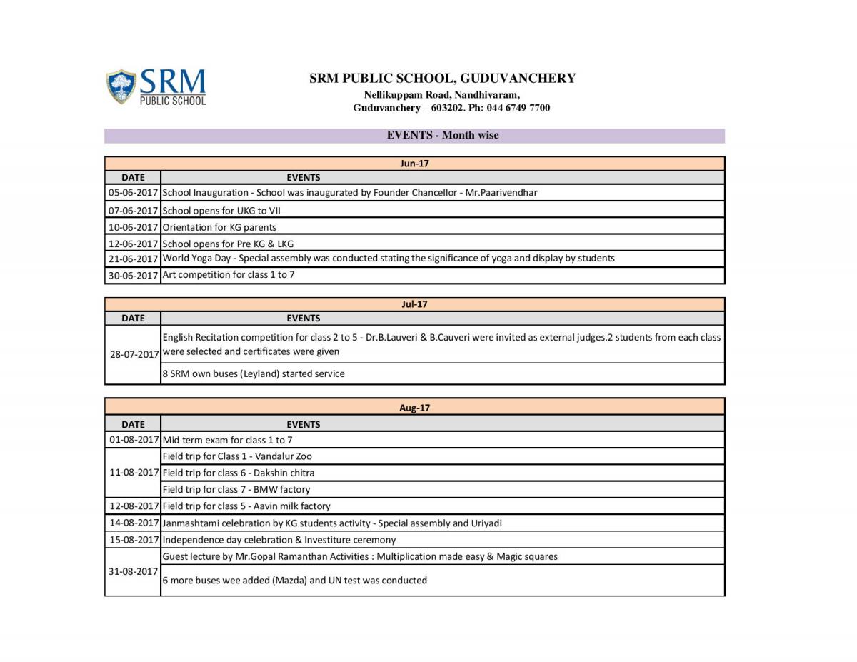 Academic Calendar SRM Public School